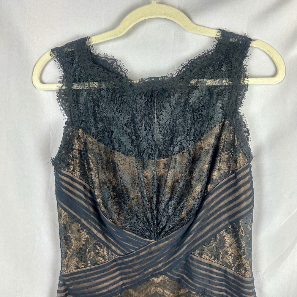 Tadashi Shoji Black Lace Nude Illusion Sheath Dress Size 6 Mesh Banding Cocktail - Picture 3 of 10